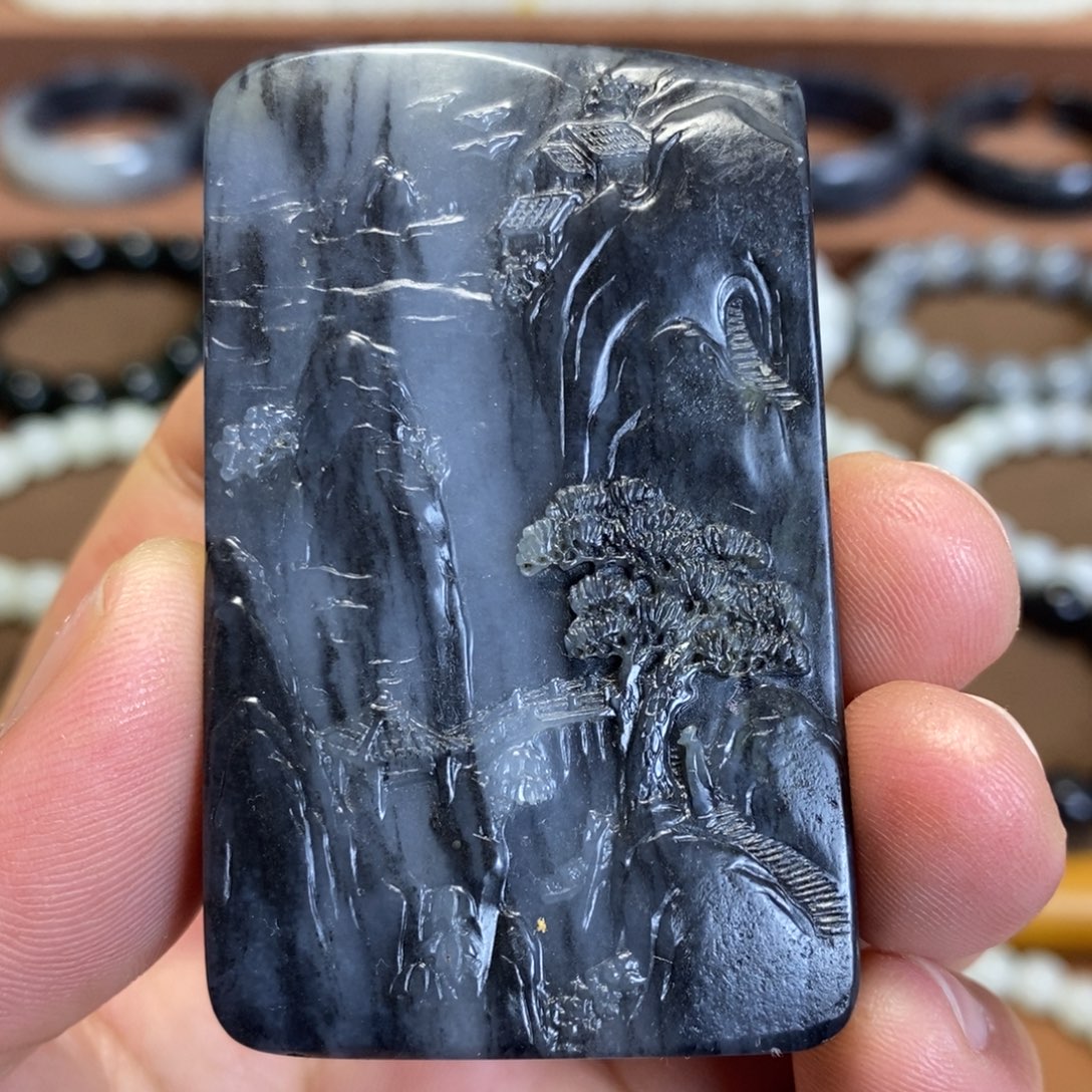 和田玉未镶嵌挂件新疆和田玉青花山水挂件牌子