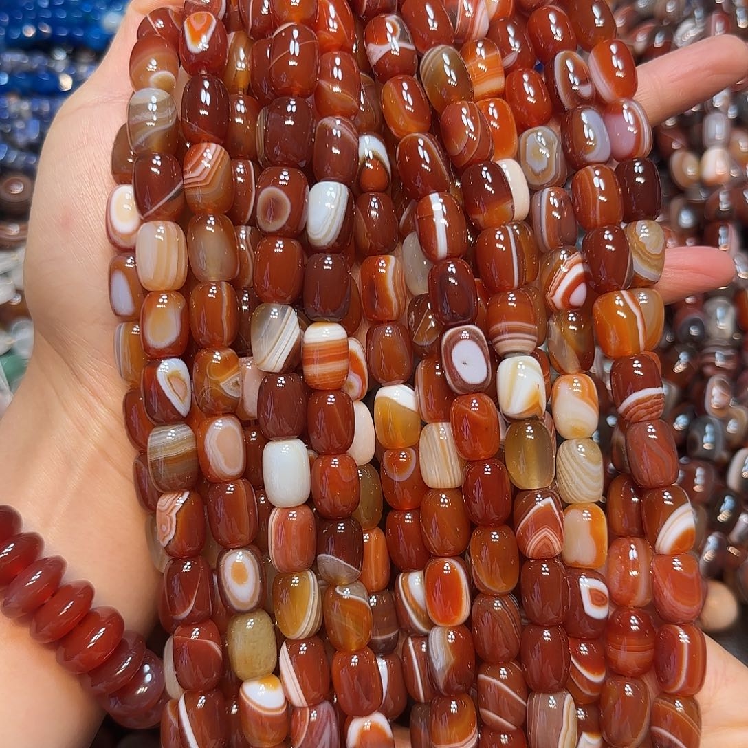 玛瑙/玉髓合金珠宝半成品10✖️14mm线条红玛瑙桶珠一条