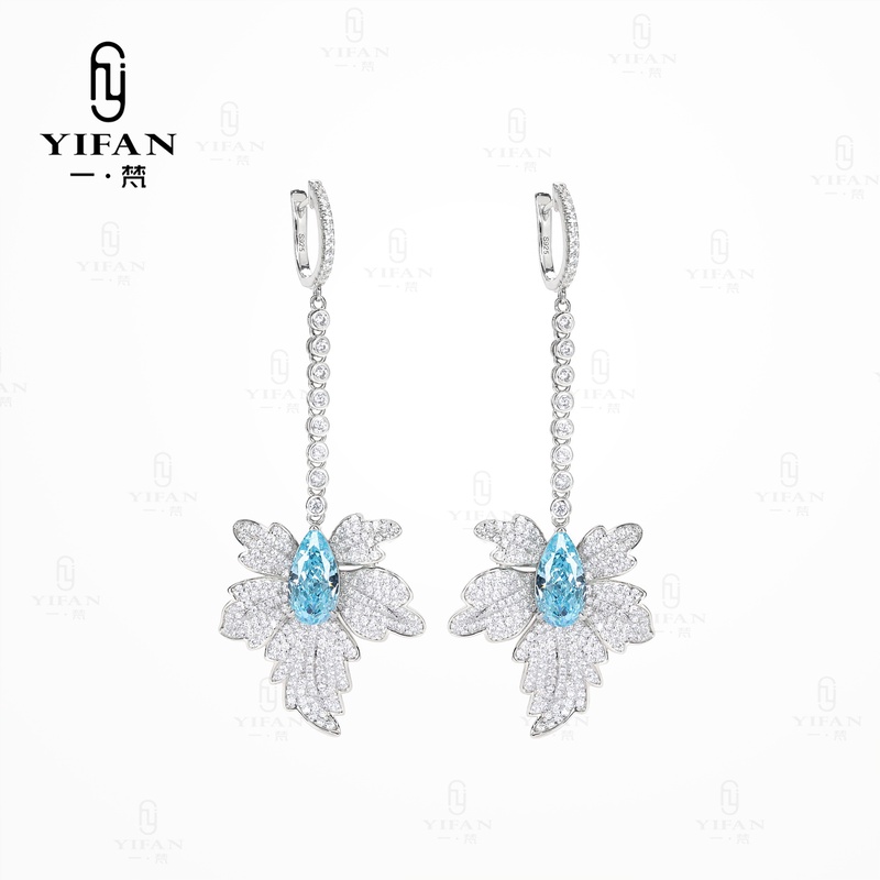 925银合成锆石耳饰 3098-海蓝水滴枫叶时尚晚宴轻奢银耳环