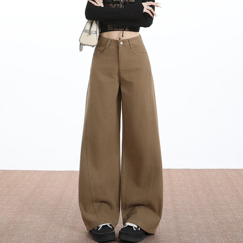 蜜蜜穿搭加绒加厚卡其色阔腿牛仔裤女士2025冬季宽松不贴腿弯刀裤