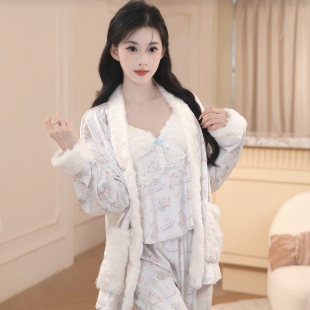 1豆【云边甜梦】长袖长裤纯欲高腰显瘦秋冬季女套装法式睡衣