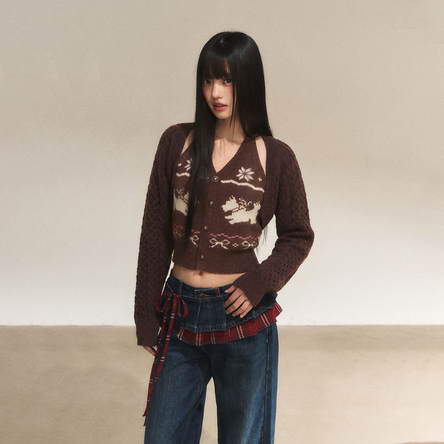 WEEKEND HUB费尔岛挂脖提花针织V领修身开衫套装26107F012S