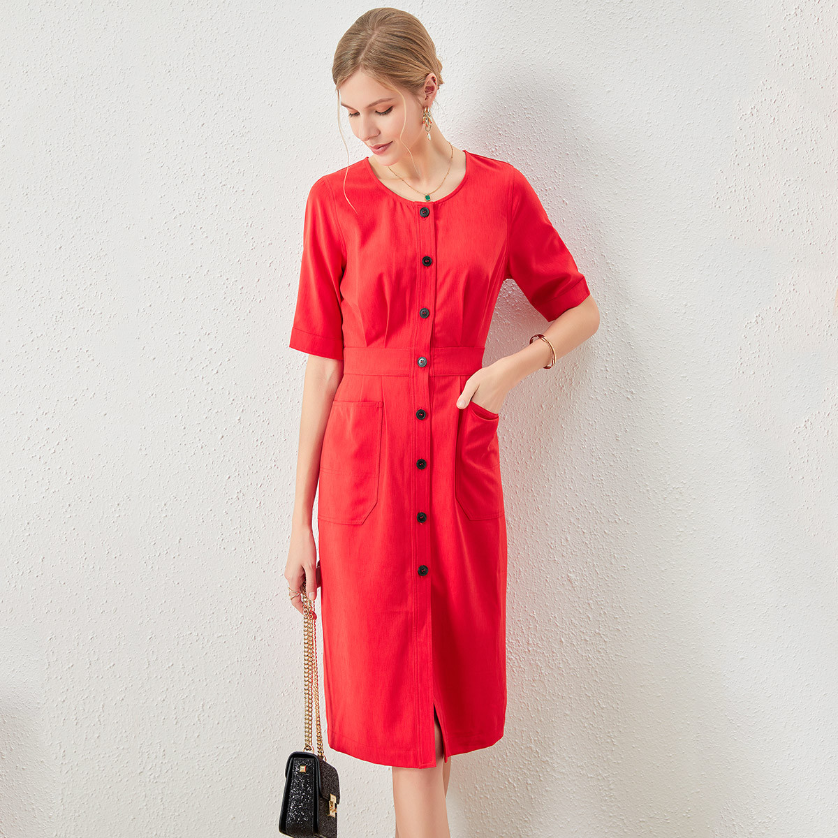 夏季气质通勤单排扣收腰显瘦纯色连衣裙女中长款裙子22SAQ9378NH