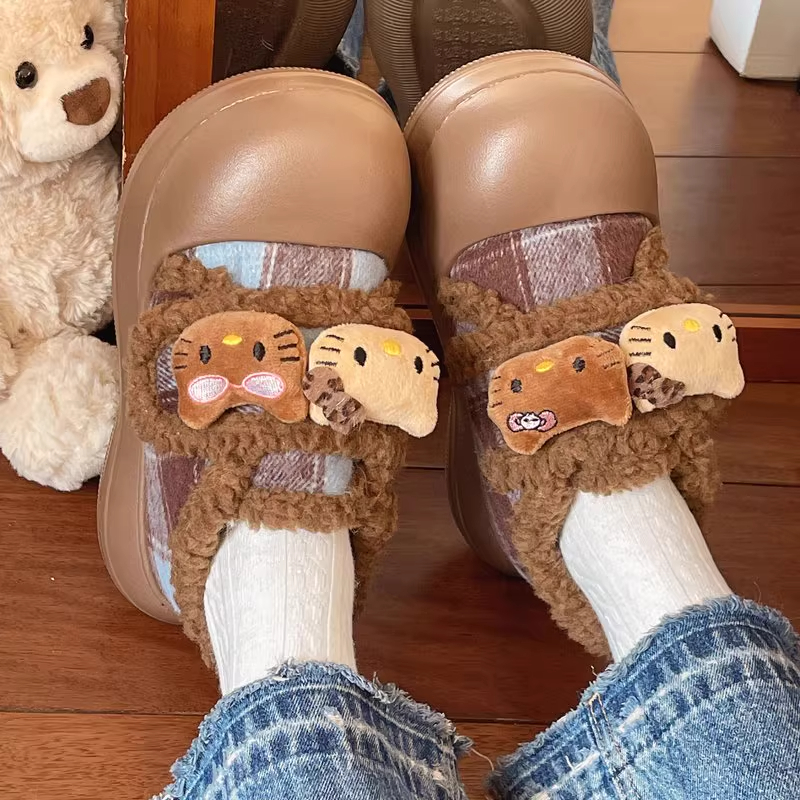 外穿软萌kitty猫加绒加厚魔术贴毛毛单鞋女冬防滑厚底保暖面包鞋