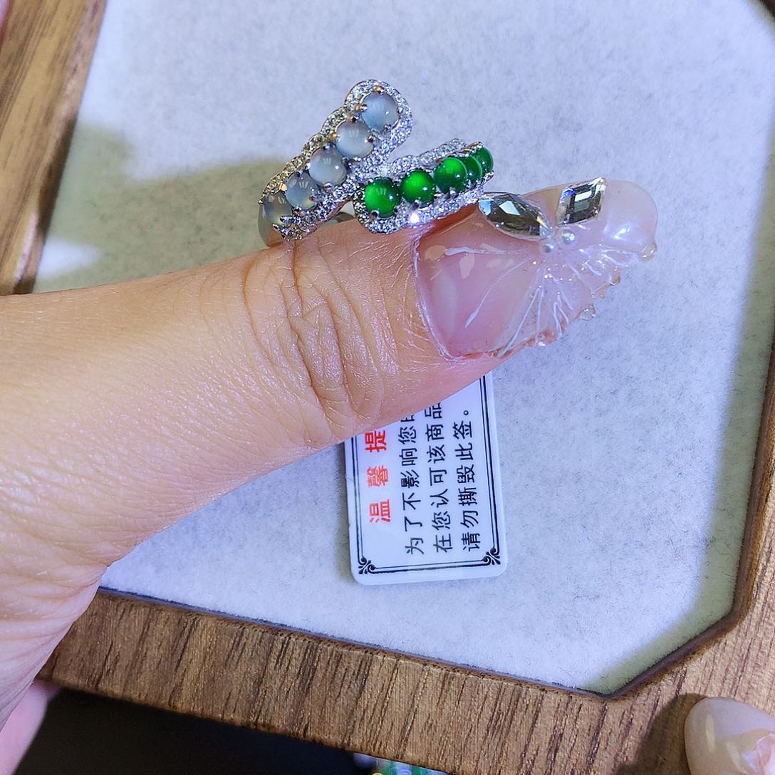 翡翠戒指银S925镶嵌天然翡翠双蛋面戒指