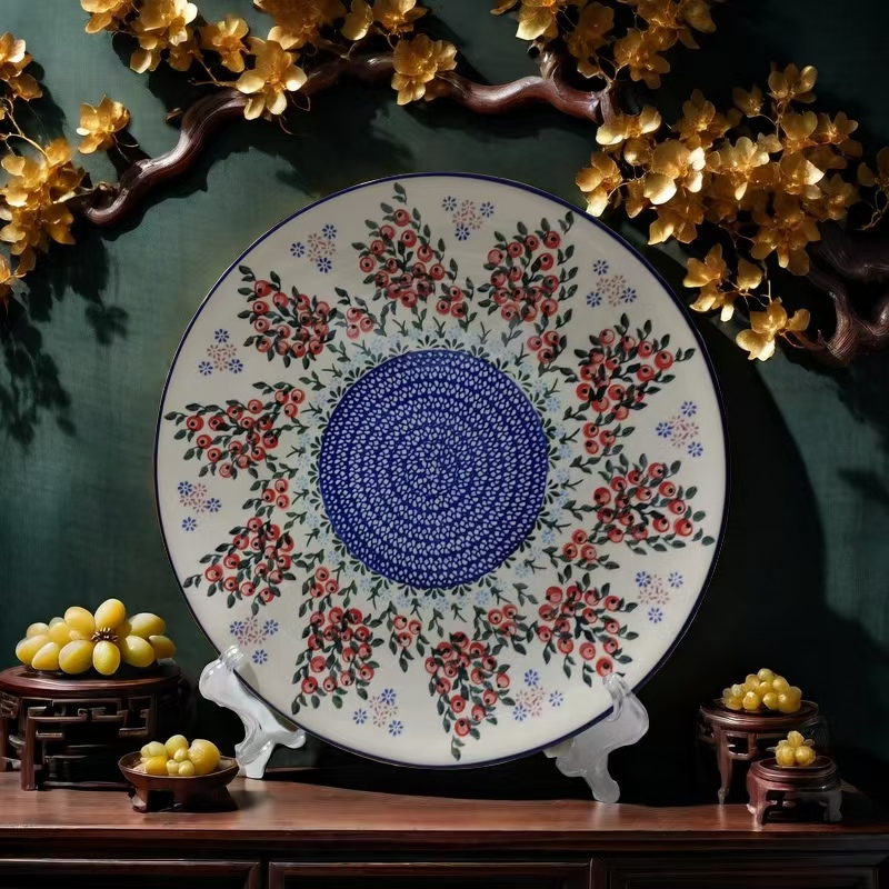 【新疆包邮】波兰风复古手绘红樱果陶瓷釉下彩13英寸抓饭盘大盘鸡盘