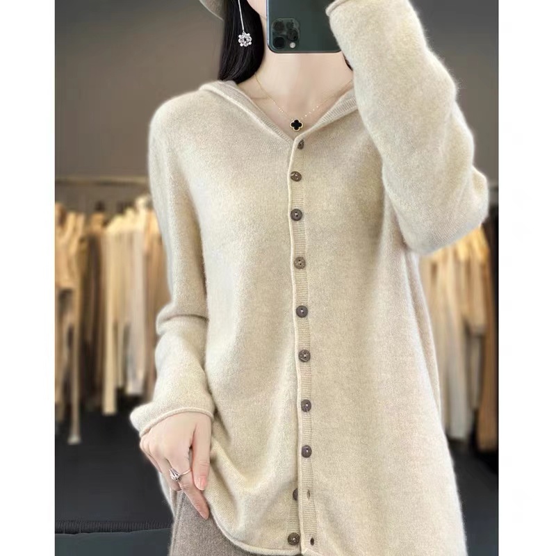 涵玖玥【100羊毛】无缝帽衫洋气款扣子外套上衣ZM-01-032