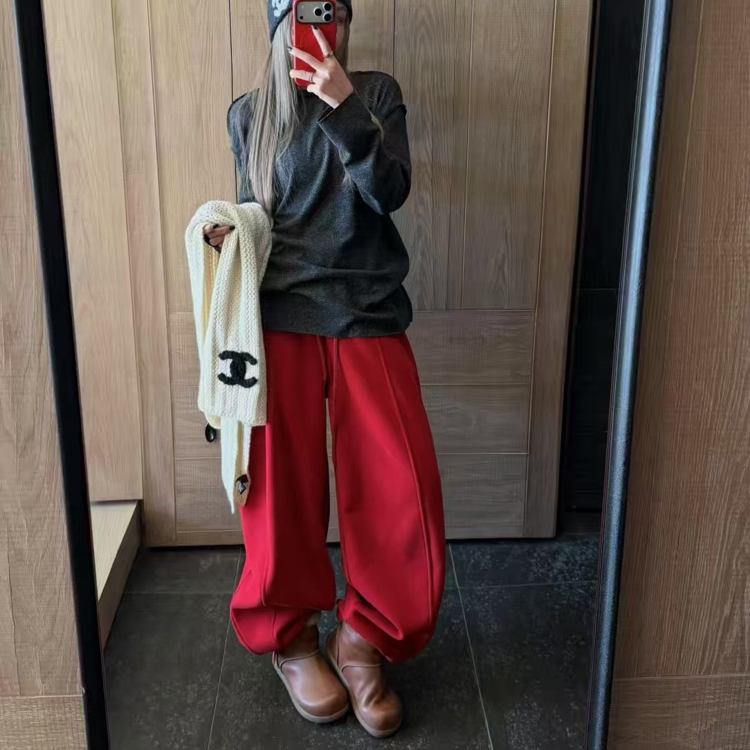Nice-加绒高腰抽绳阔腿显瘦弯刀休闲裤女秋冬