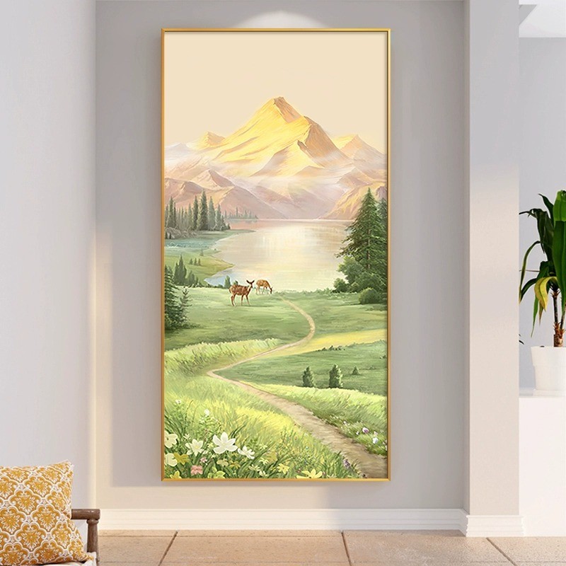 手绘油画玄关装饰画奶油风入户走廊过道壁画山水风景挂画日照金山