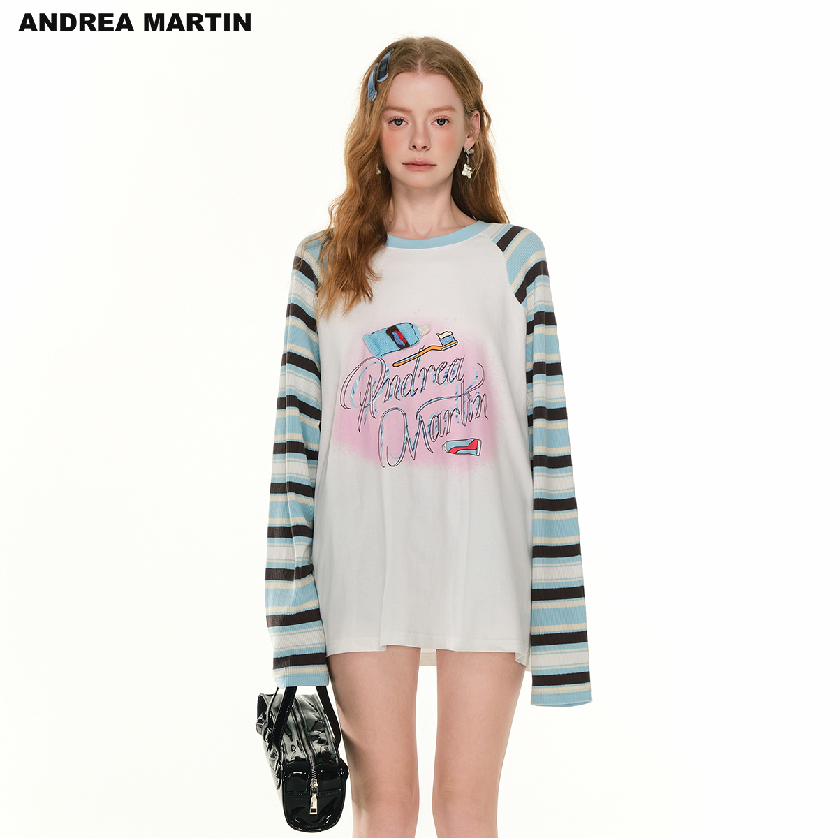 Andrea Martin2025春夏款T恤女圆领长袖宽松印花撞色时尚拼接上衣