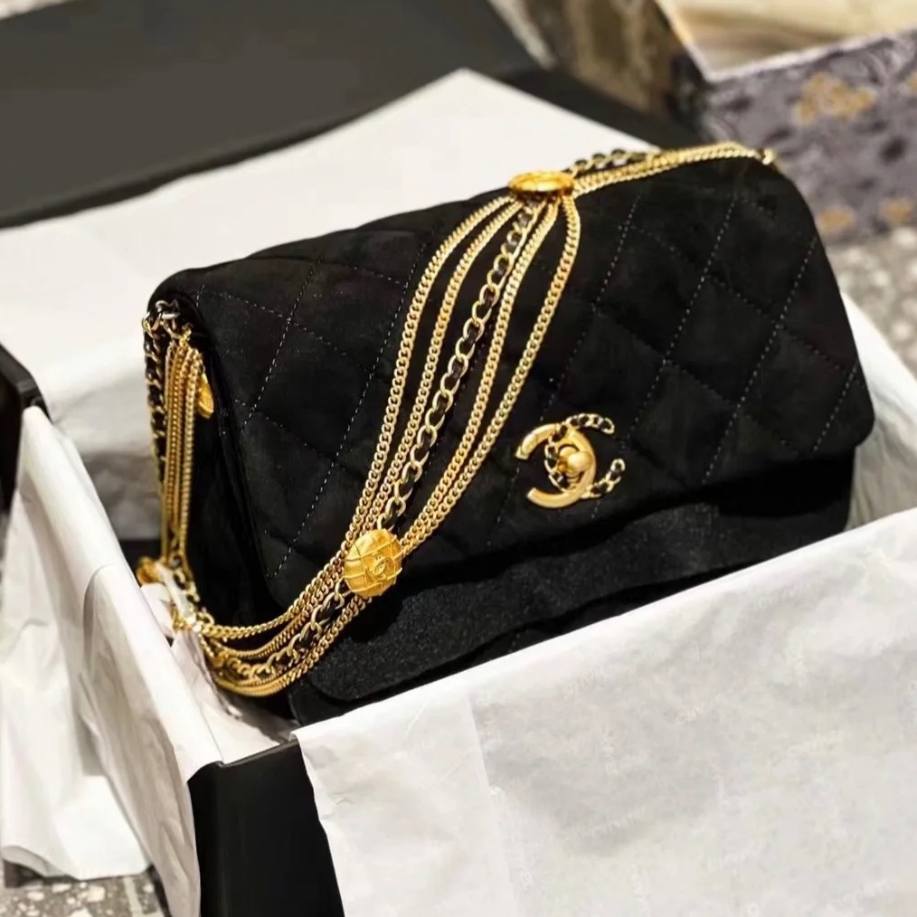 99新 Chanel/香奈儿 7姐专场/黑金绒面鸳鸯扣CF链条包