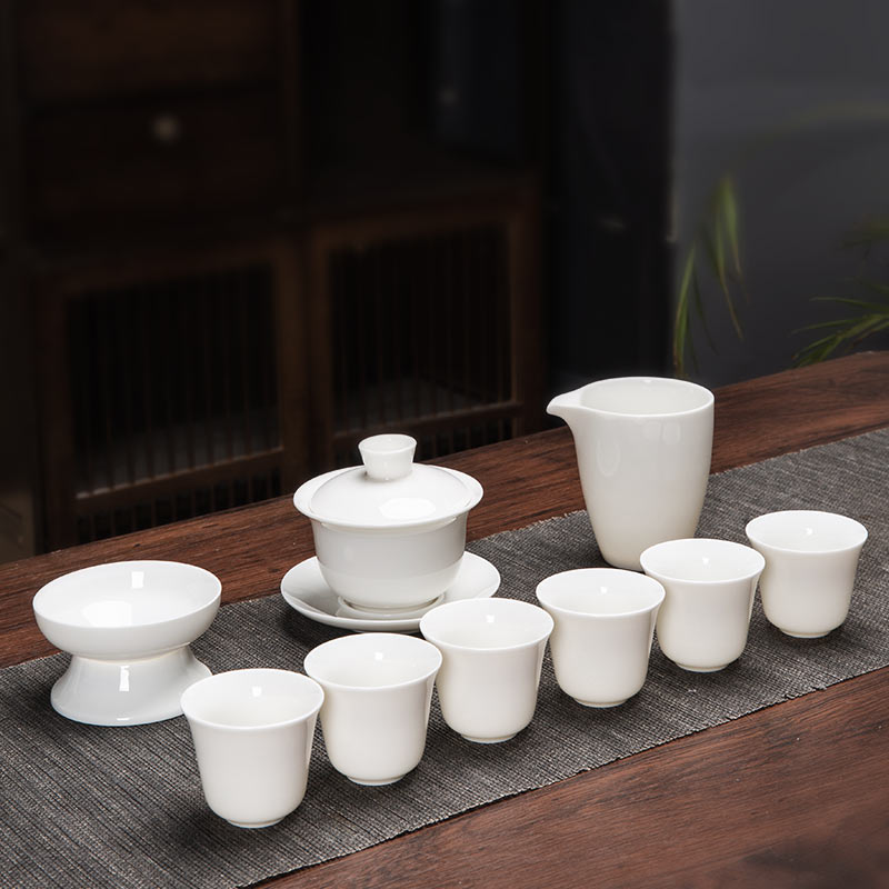【意陶】10件羊脂玉瓷茶具套装 纯白 高档白瓷家用盖碗茶杯套装