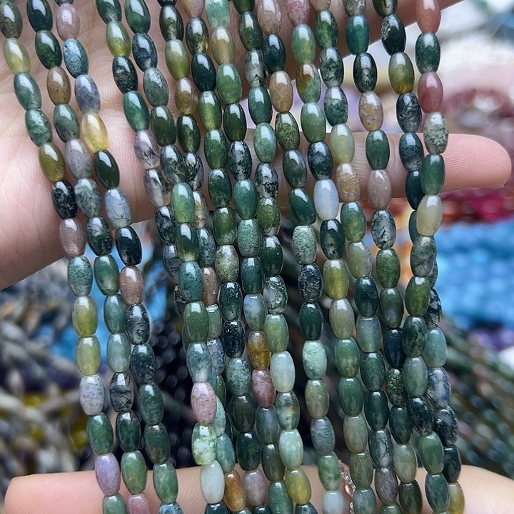 玛瑙/玉髓未镶嵌珠宝半成品T855   4×6M天然水草玛瑙米珠2条