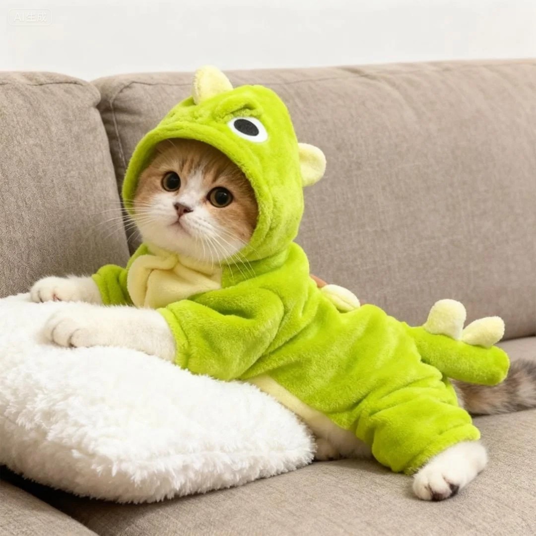 猫咪衣服可爱恐龙法兰绒带牵引扣加绒加厚秋冬幼猫宠物猫咪四脚衣
