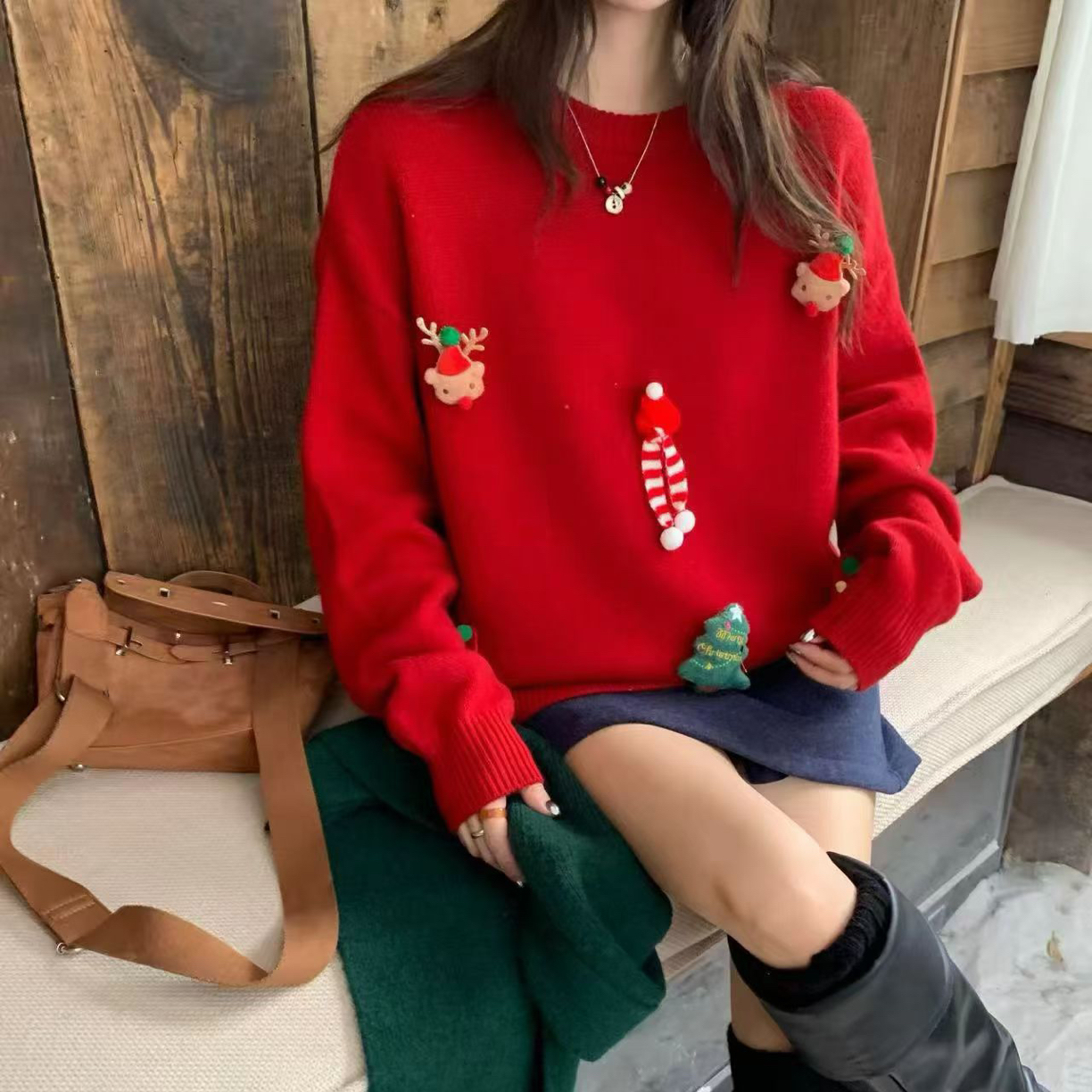 【Five】秋冬新款圣诞重工小玩偶款宽松复古毛衣
