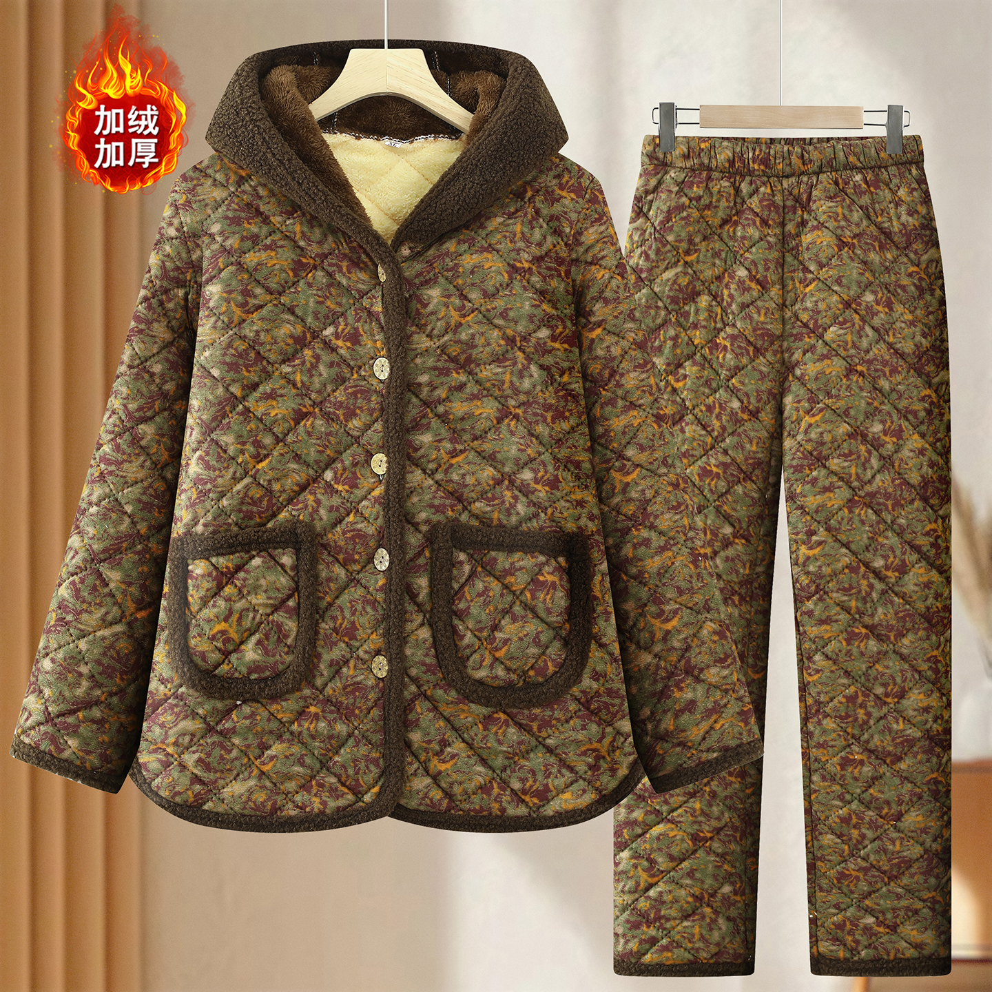 中老年妈妈装冬季加绒加厚保暖棉袄棉裤套装女士家居风连帽两件套