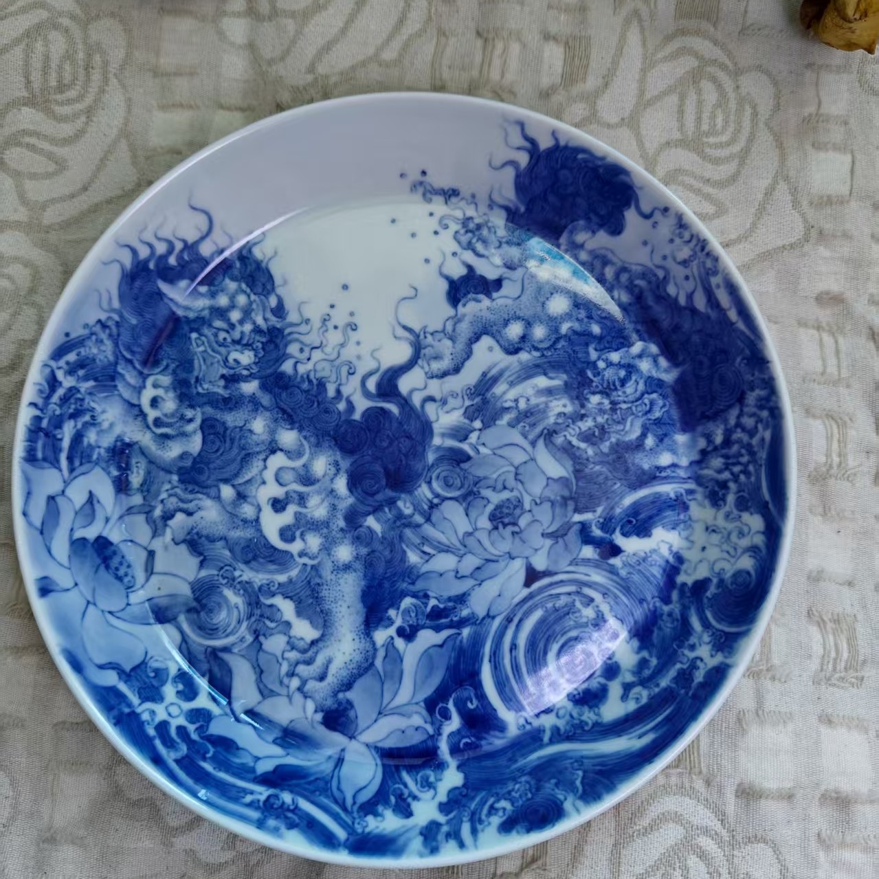 景轩柴窑手绘青花双狮夺宝仿清陶瓷茶具壶承圆盘蓝色