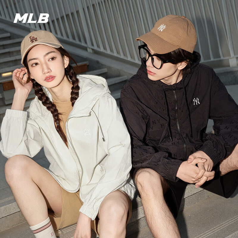 MLB官方男女防泼水暗纹老花连帽拉链时尚舒适外套25新款3AWJM0453
