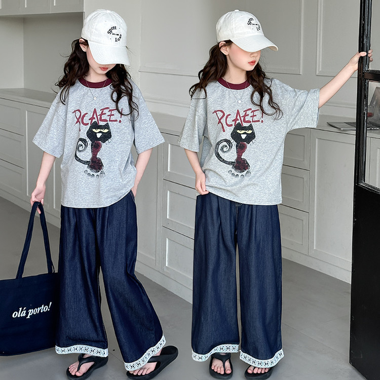 女童套装夏季洋气时髦2025新款牛仔裤女孩韩系时尚短袖t恤两件套