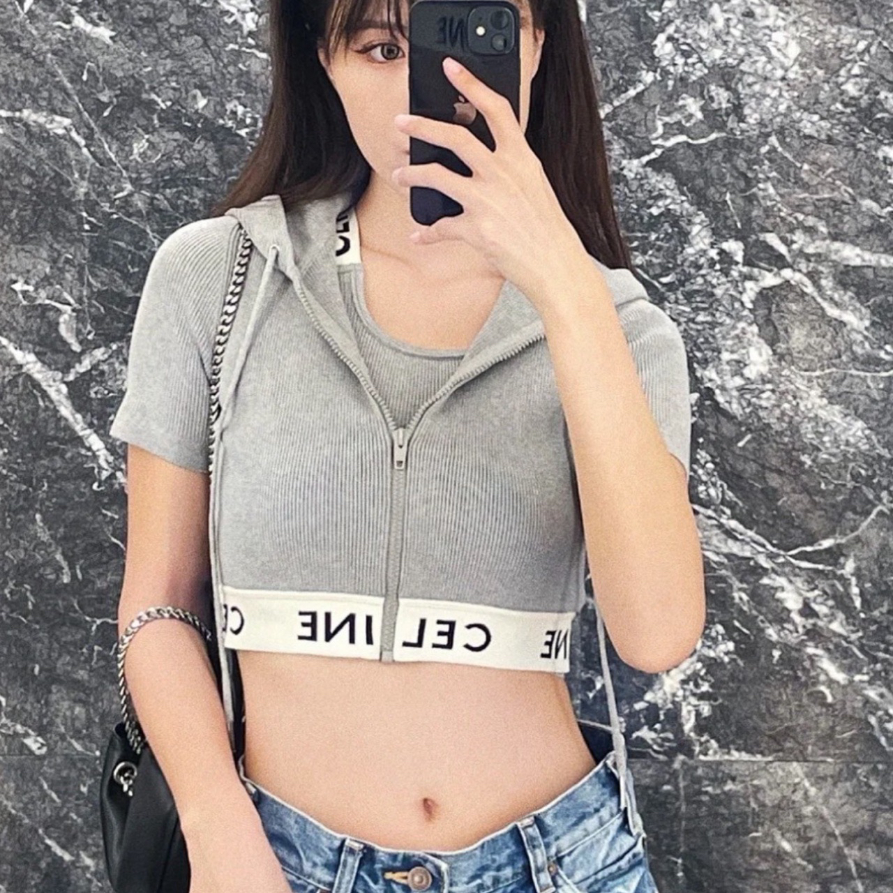 99新 Celine/思琳 001783 CELINE赛琳 灰色棉质短款拉链帽衫 S码
