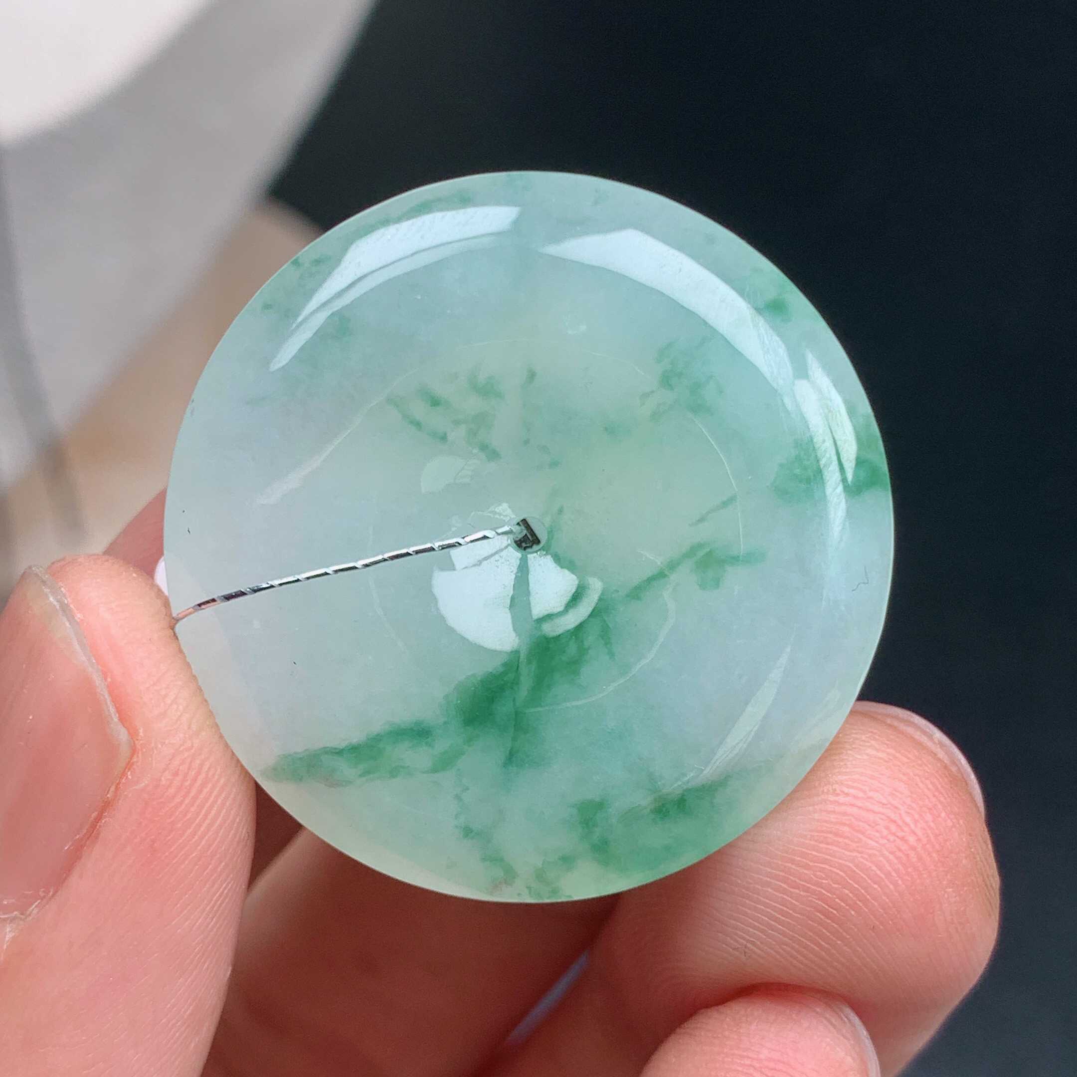 缅甸天然A货翡翠冰飘绿花平安扣吊坠 精美通透 尺寸33-5.9mm