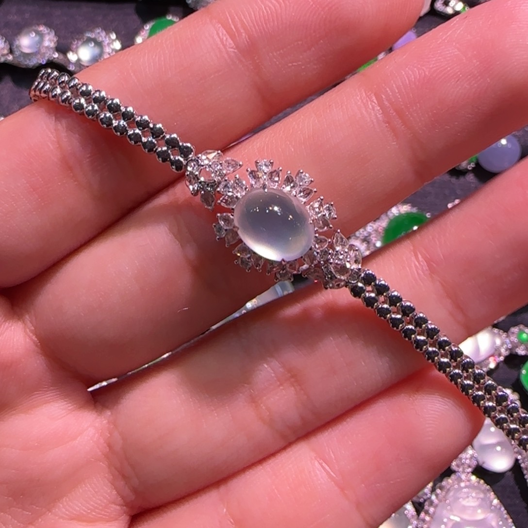 翡翠手链18K金镶嵌玻璃种蛋面