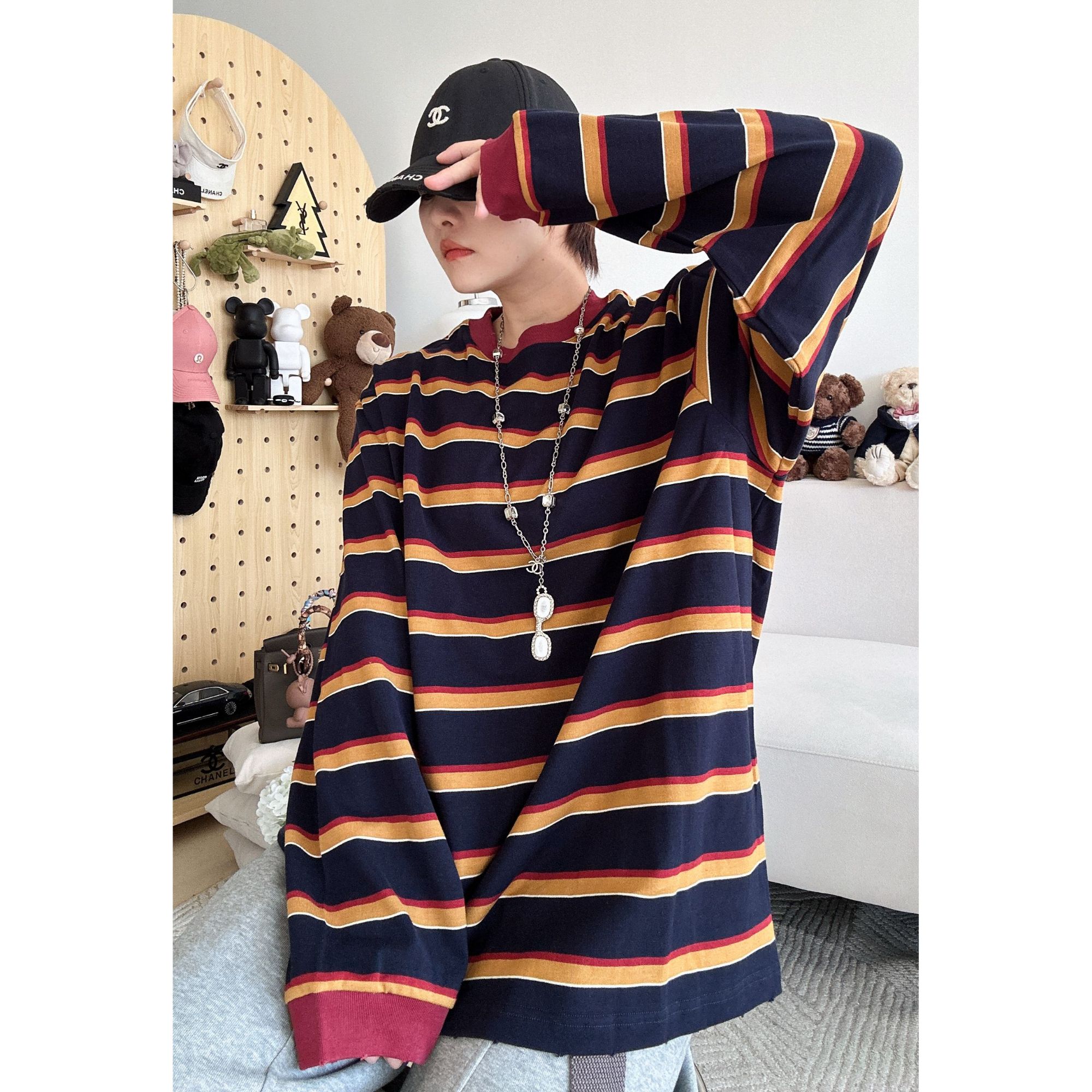 【影子】藏青色条纹时尚潮流百搭宽松印花大版中长款长袖T恤