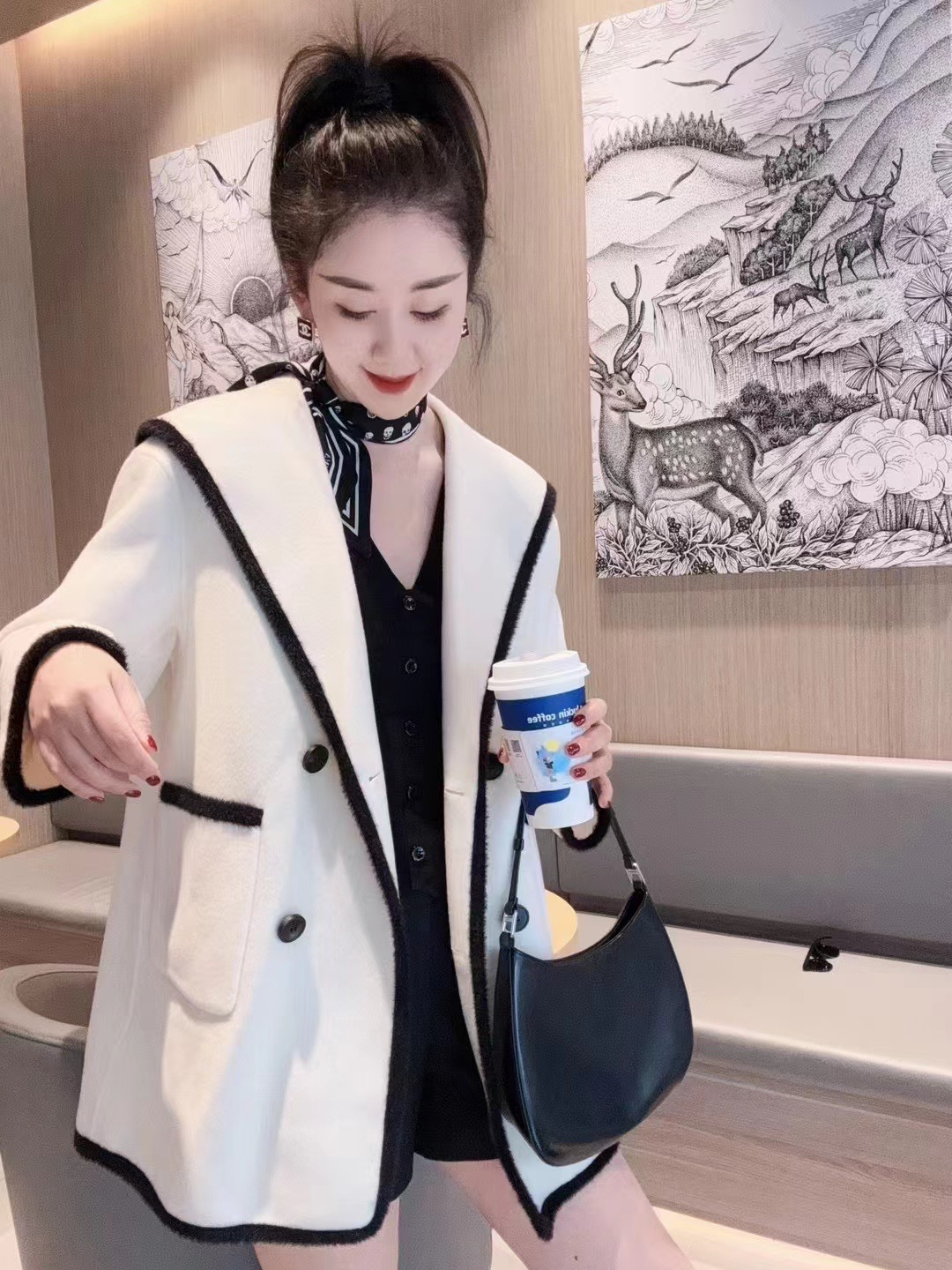 俪妍【LIVELY·YAN】秋冬新款大衣小香风气质网红时尚宽松百搭拼色