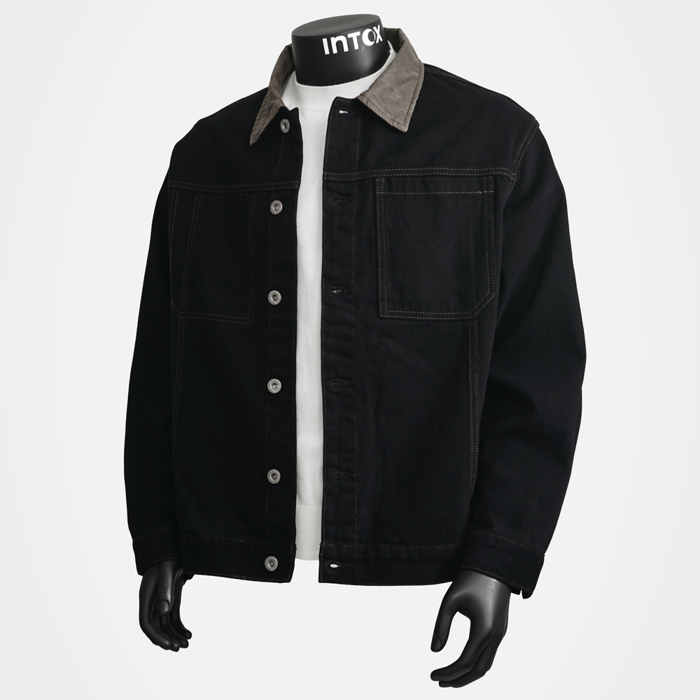 INTOX丨复古黑色牛仔夹克男翻领撞色皮领设计秋季休闲工装外套潮