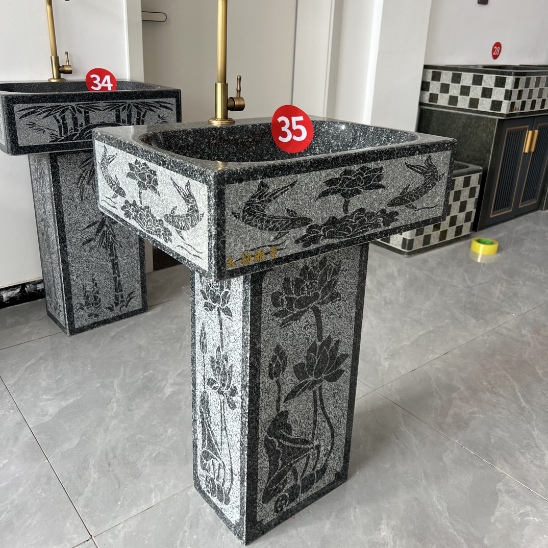 纯天然花岗岩洗脸盆立柱式水槽室外庭院露台阳台洗手盆仿古复古风