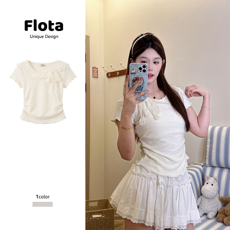 【flota】蝴蝶结显瘦设计感绑带收腰短袖百搭波浪边小花别致2086
