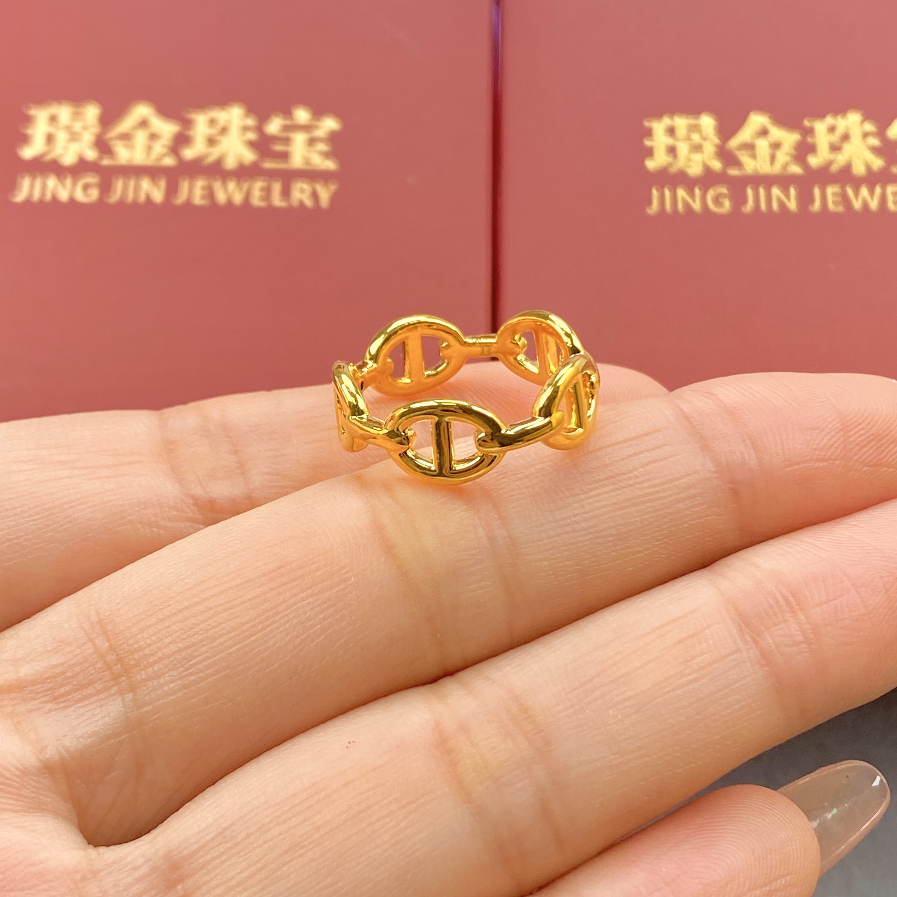  璟金珠宝足金999黄金镂空满圈时尚猪鼻子戒指圈口可选