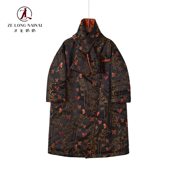 25116 蝴蝶竹纹提花棉服新中式长款棉衣国风小众设计感外套
