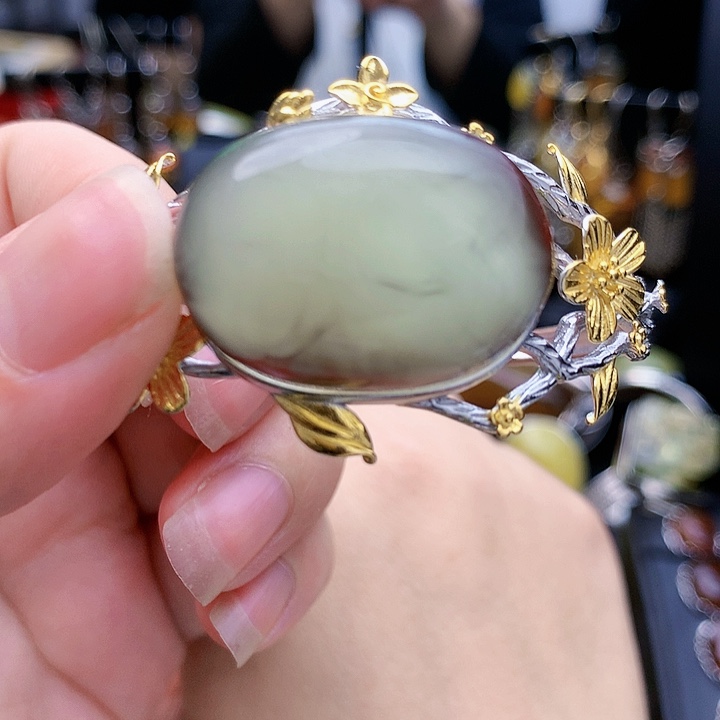 琥珀裸石银S925镶嵌手镯