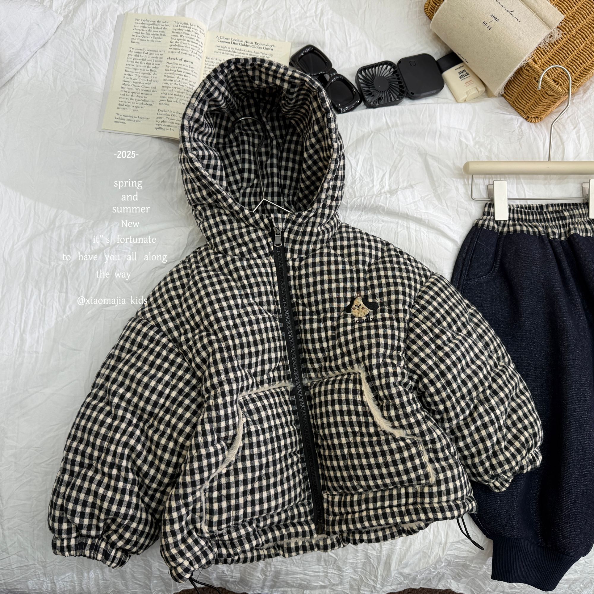 儿童冬季加厚内里仿兔毛连帽棉服外套D-7101格子韩版男女童外套