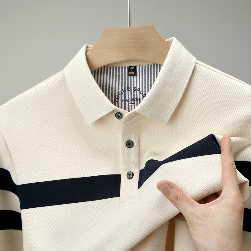 战马保罗秋季男士上衣翻领长袖宽松型男条纹夏季Polo衫t恤长袖款