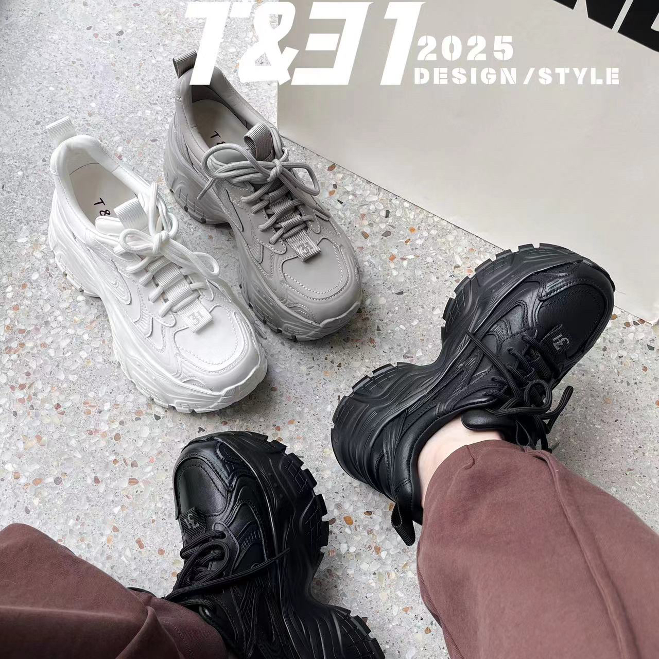 T31女鞋2025秋季真皮厚底老爹鞋百搭运动休闲鞋轻便增高8厘米板鞋