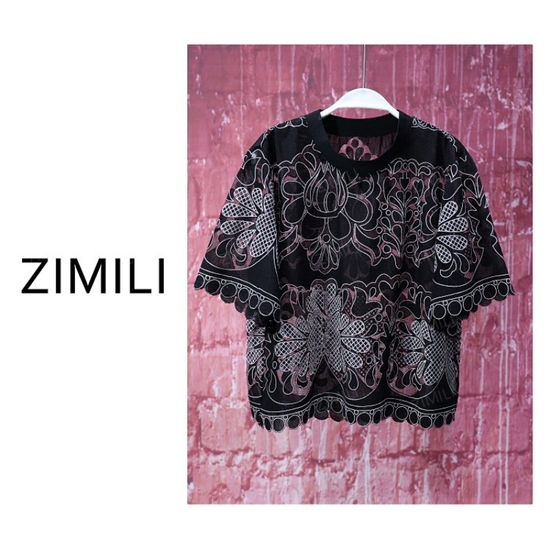 【亮哥女装】2025欧版重工设计暗夜黑勾花蕾丝时尚休闲短袖9689-B1
