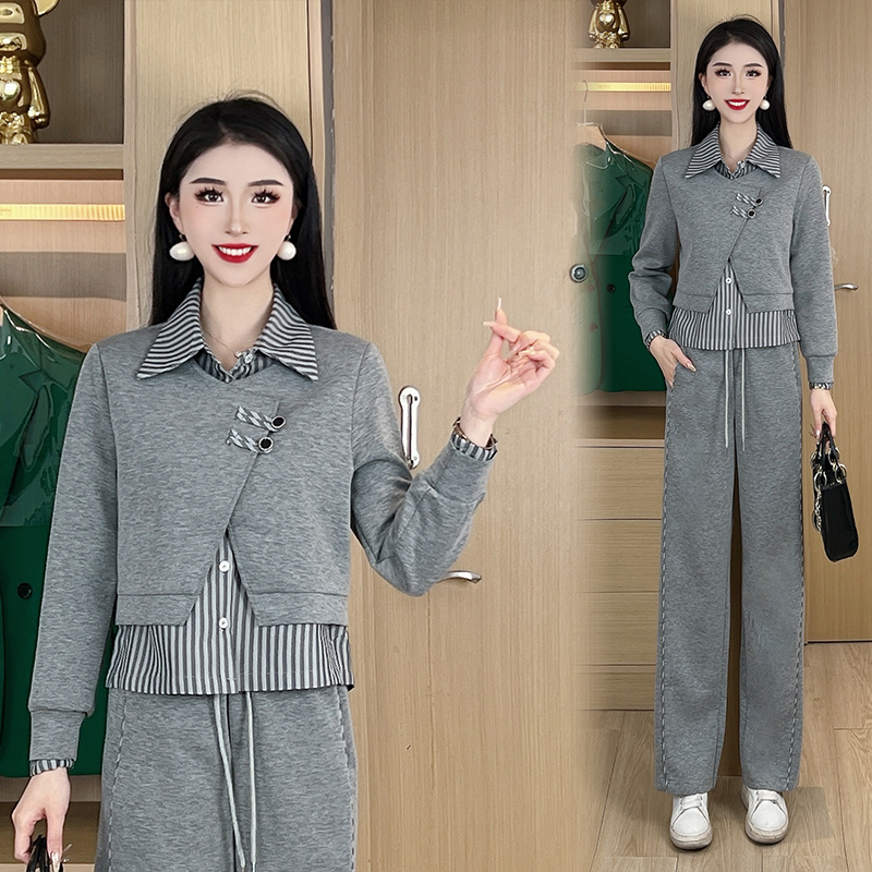 2025春季时尚减龄设计感拼接假两件长袖上衣阔腿长裤两件套24025