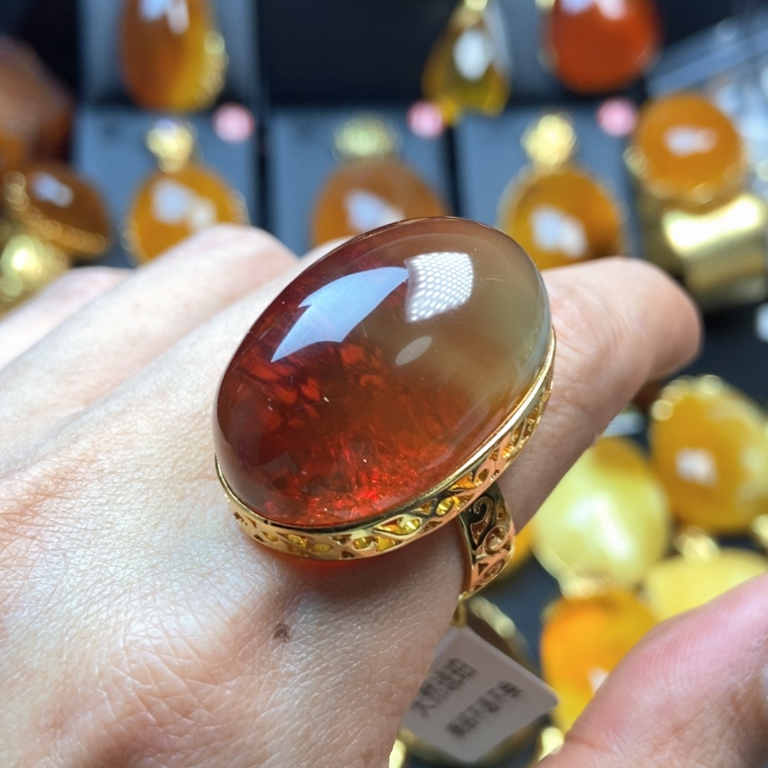 琥珀银S925镀金镶嵌戒指