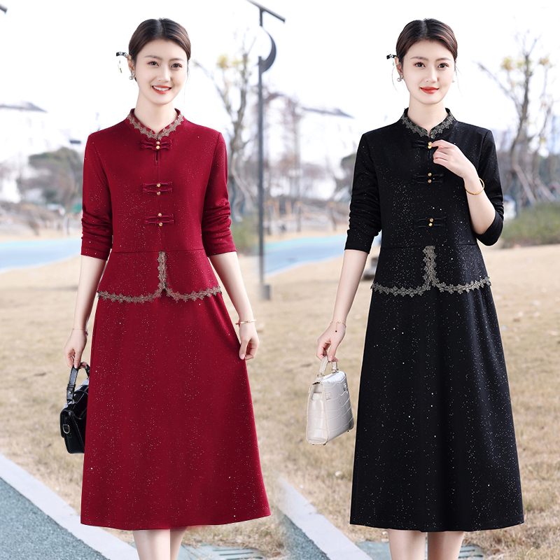 妈妈装春秋装中长款连衣裙圆领新中式修身女装中老年女装纯色裙子