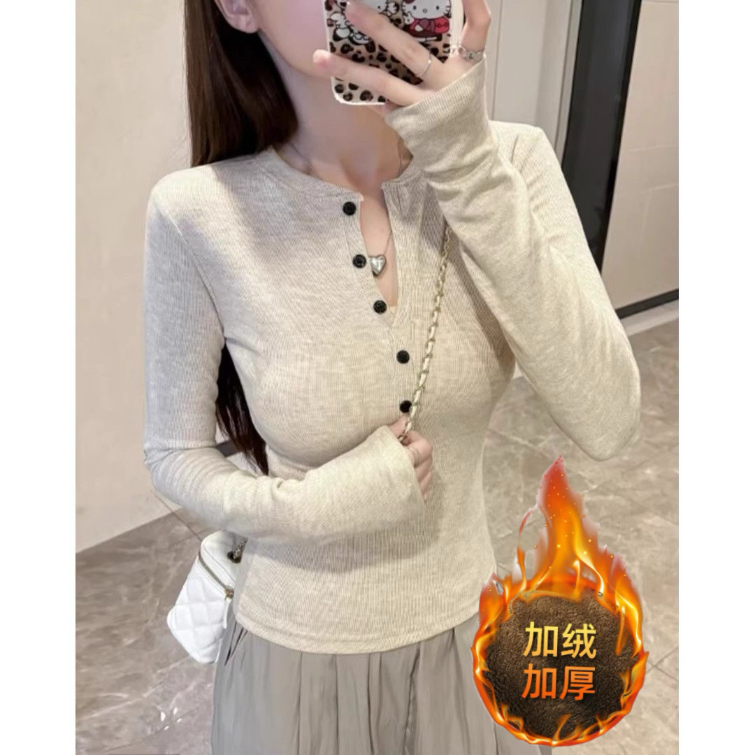 【现货+3-6运补】美式辣妹半开领长袖T恤女ins修身纯欲上衣加绒