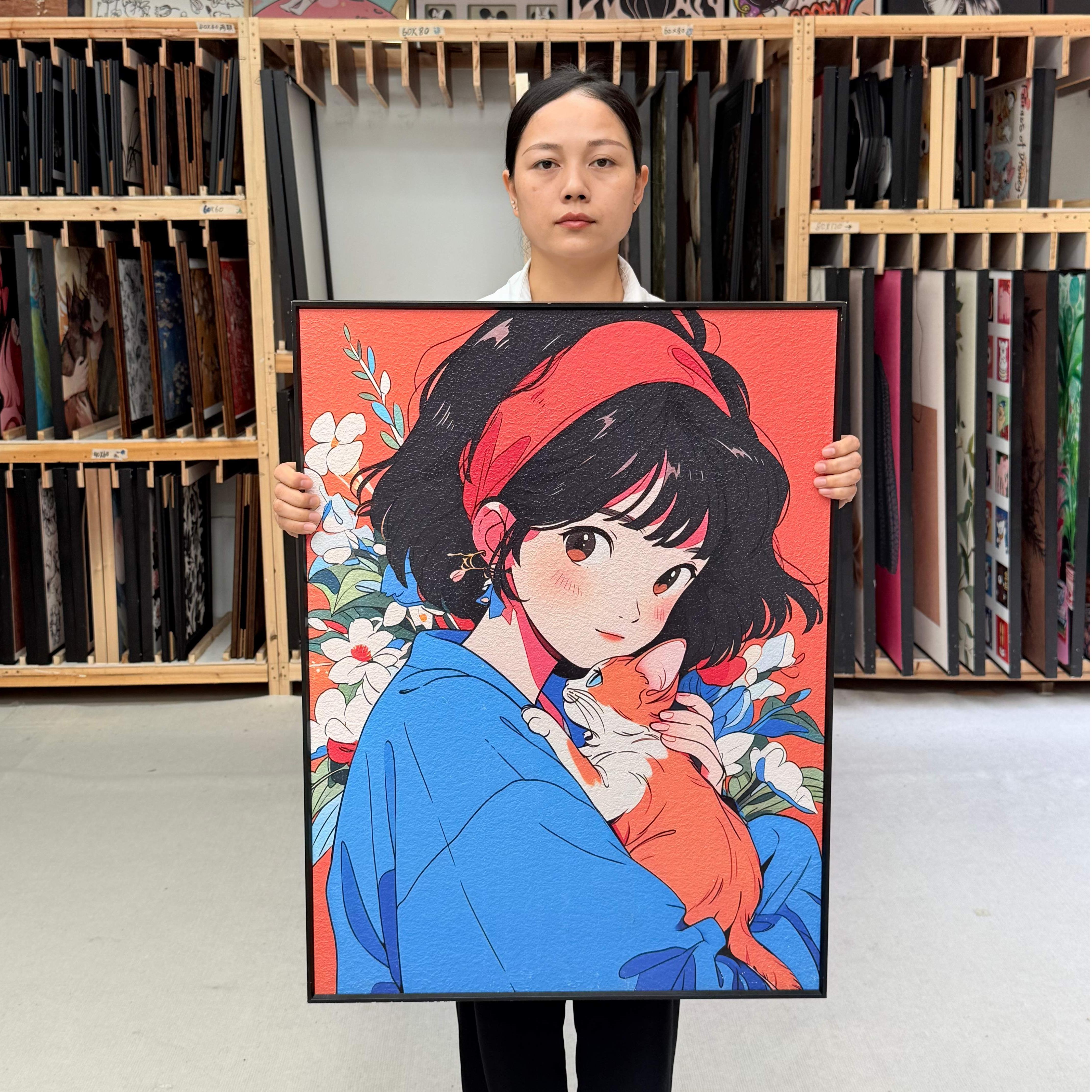 高货温馨抱猫女孩动漫客厅挂画G011创意客厅玄关走廊过道挂画6080