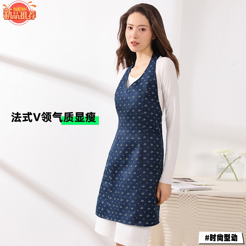 时尚法式V领围裙收腰透气碎花防污易清洗厨房家用空姐成人工作服