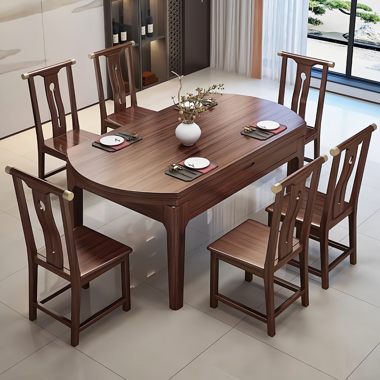 新中式乌金木实木组合餐桌椅折叠桌子方圆两用家用成人儿童家具