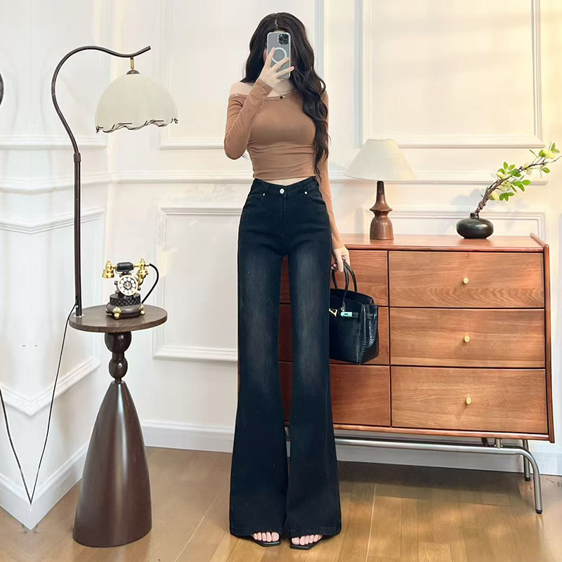 喜绚不贴腿喇叭牛仔裤女秋冬季新款高腰弹力宽松黑色辣妹高级喇叭