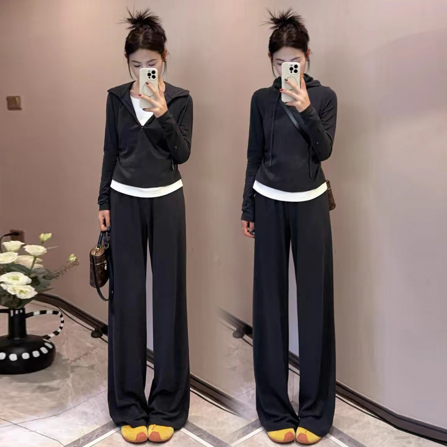 时尚休闲套装女新款洋气显瘦假两件连帽卫衣阔腿裤两件套早秋穿搭