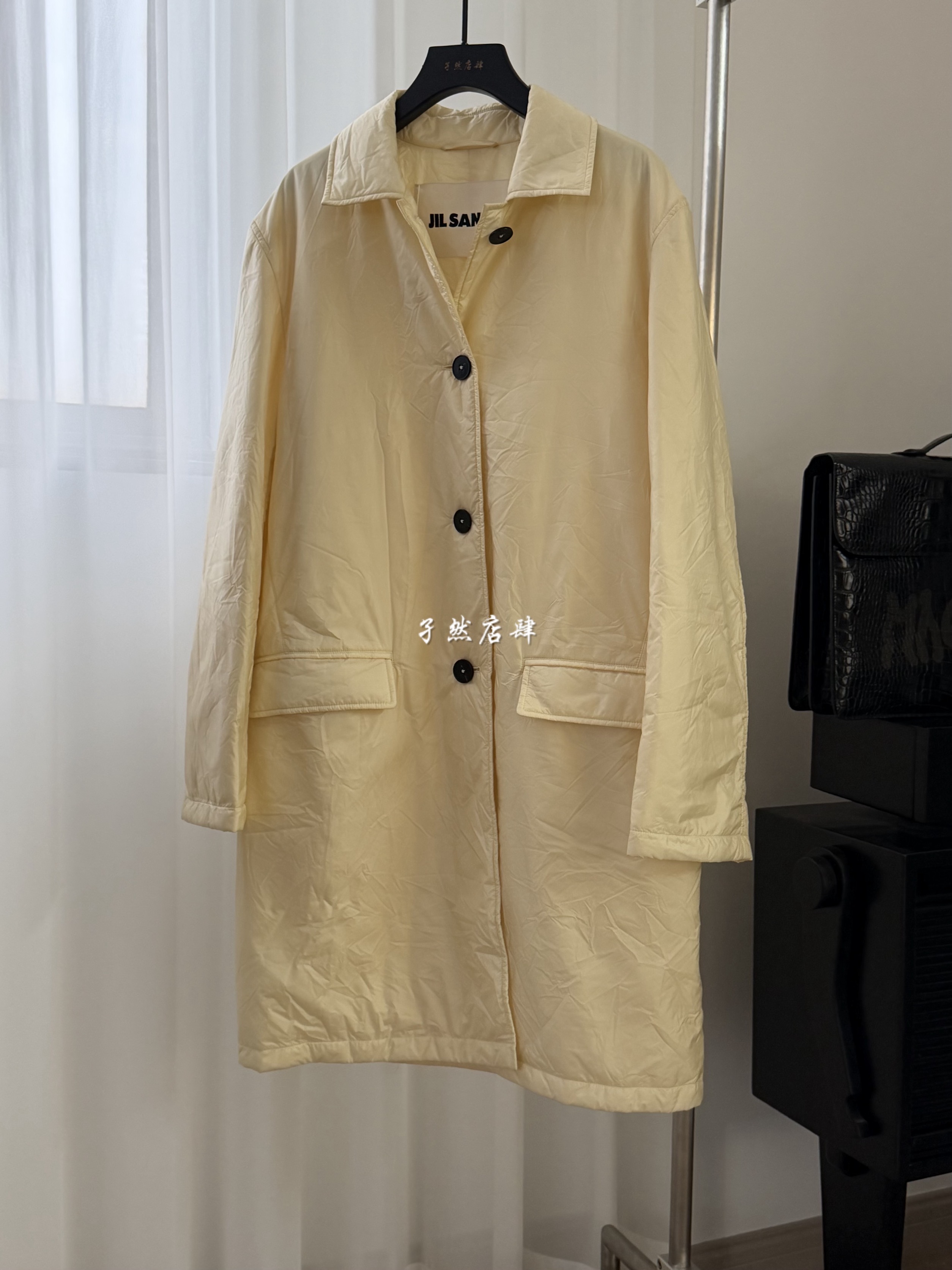 【孑然店肆】【特价】JIL奶油色褶皱面料中长款棉服