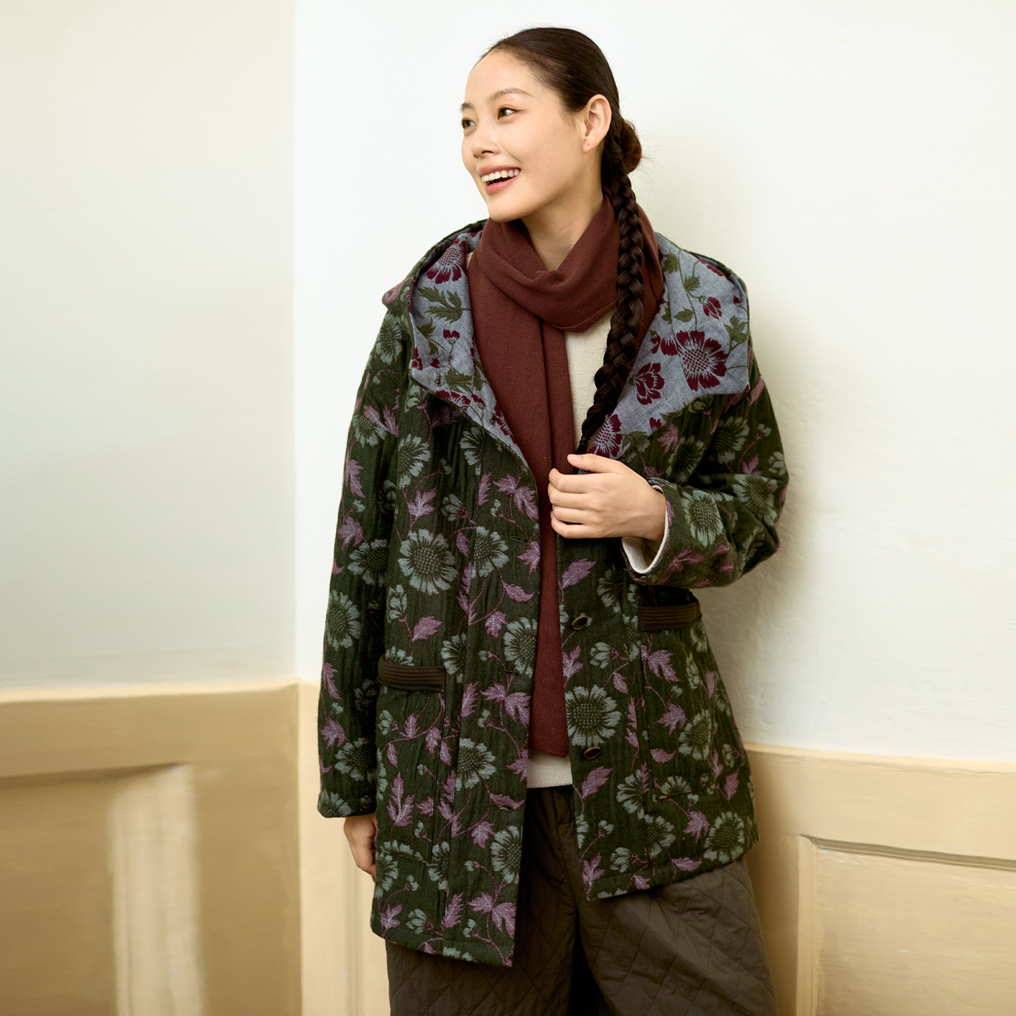 无色无味【暗调绮梦】外套女新款提花双面穿连帽中长款保暖棉服