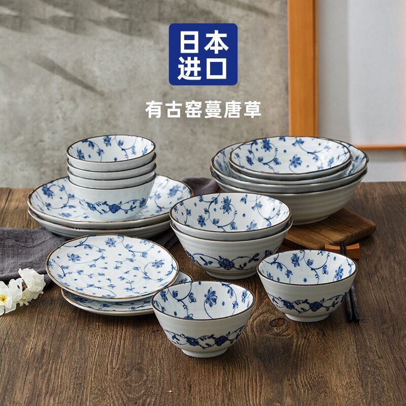 日本进口餐具有古窑蔓堂草高温釉下彩陶瓷盘子碗